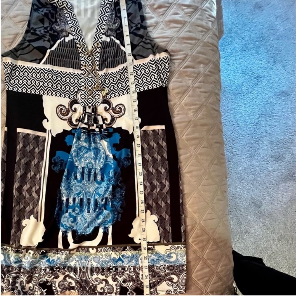 Hale Bob Art Deco Blue, White and Black Patterned V-Neck Dress Stretchy - Large - Picture 5 of 5